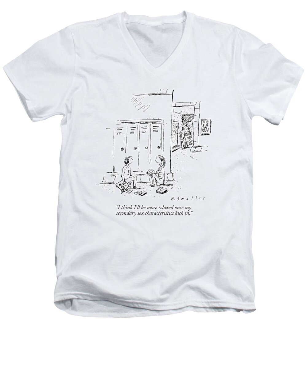 Children Men's V-Neck T-Shirt featuring the drawing I Think I'll Be More Relaxed Once My Secondary by Barbara Smaller