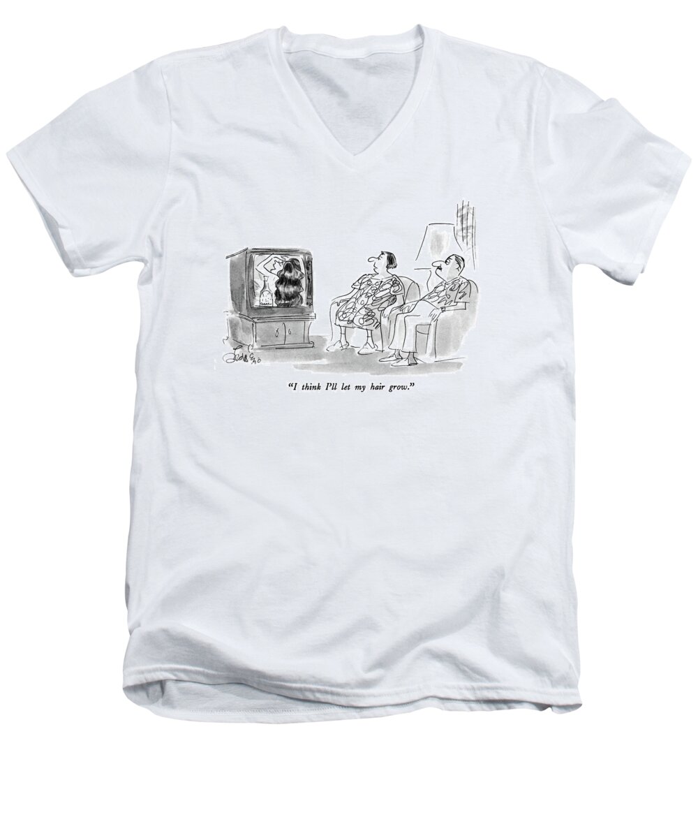 Advertising Men's V-Neck T-Shirt featuring the drawing I Think I'll Let My Hair Grow by Edward Frascino