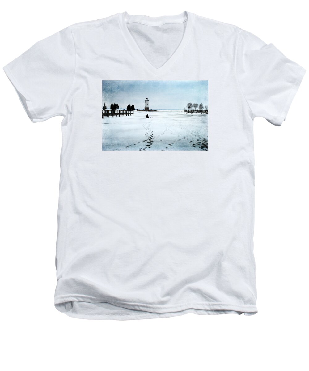 Lighthouse Men's V-Neck T-Shirt featuring the photograph Ice Fishing Solitude 2 by Janice Adomeit