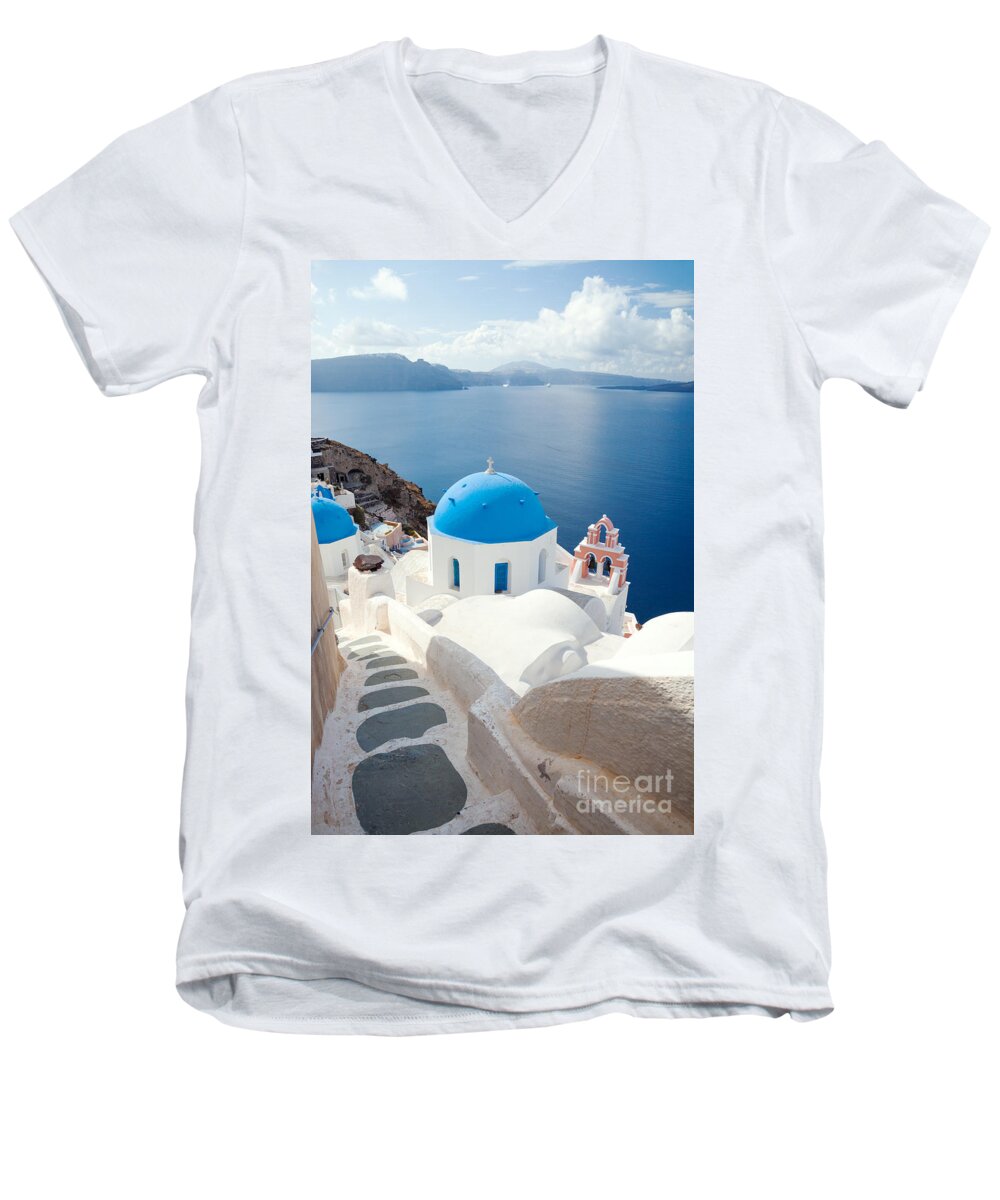Santorini Men's V-Neck T-Shirt featuring the photograph Iconic blue domed churches in Santorini - Greece by Matteo Colombo