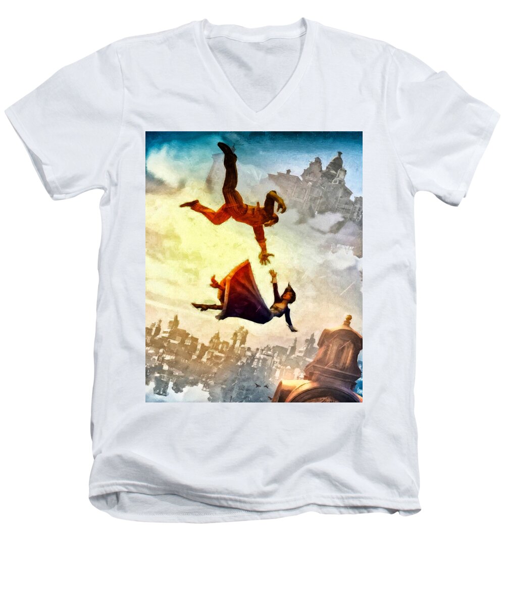 Movie Men's V-Neck T-Shirt featuring the painting If You Fall by Joe Misrasi