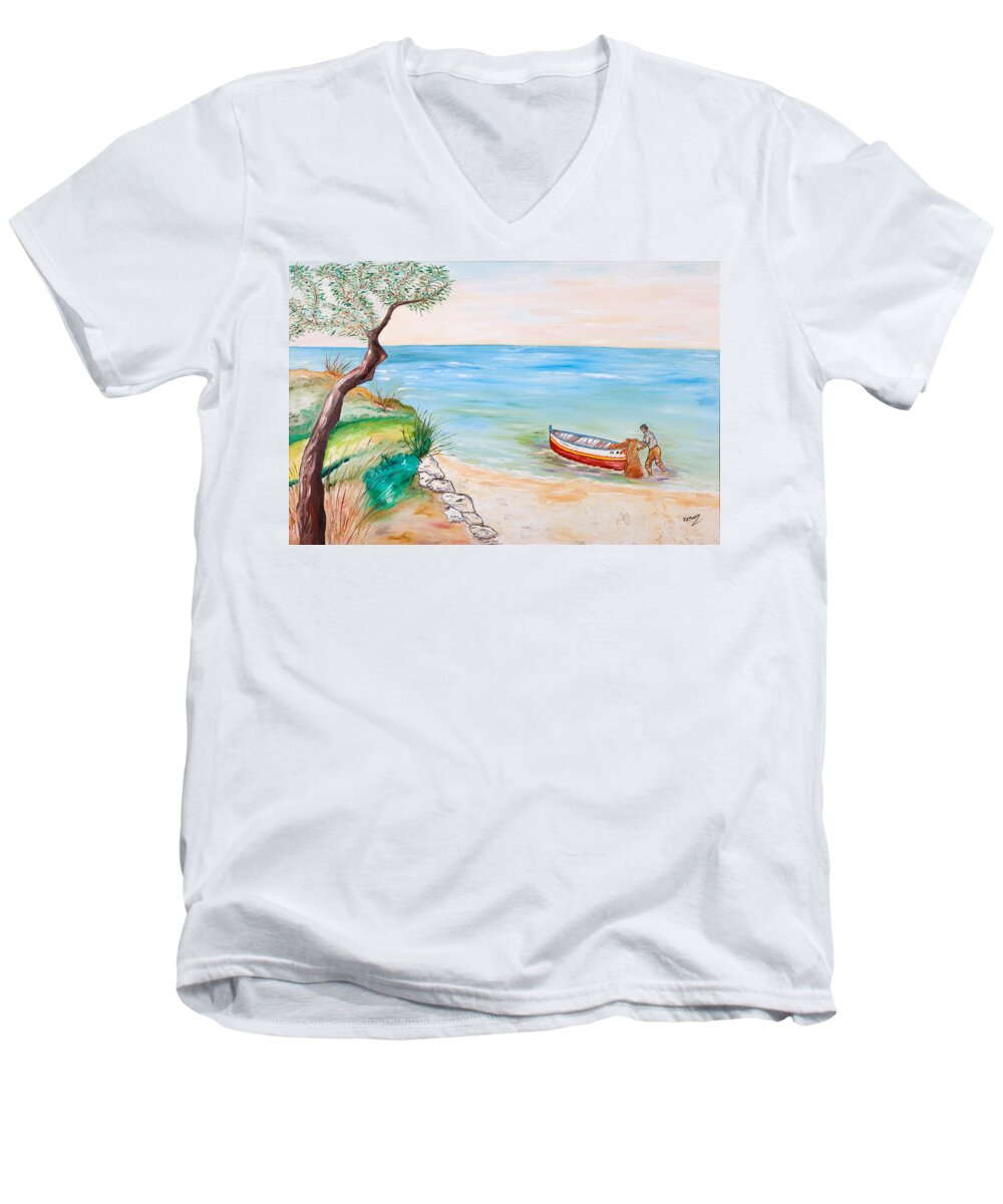 Loredana Messina Men's V-Neck T-Shirt featuring the painting Il pescatore solitario by Loredana Messina