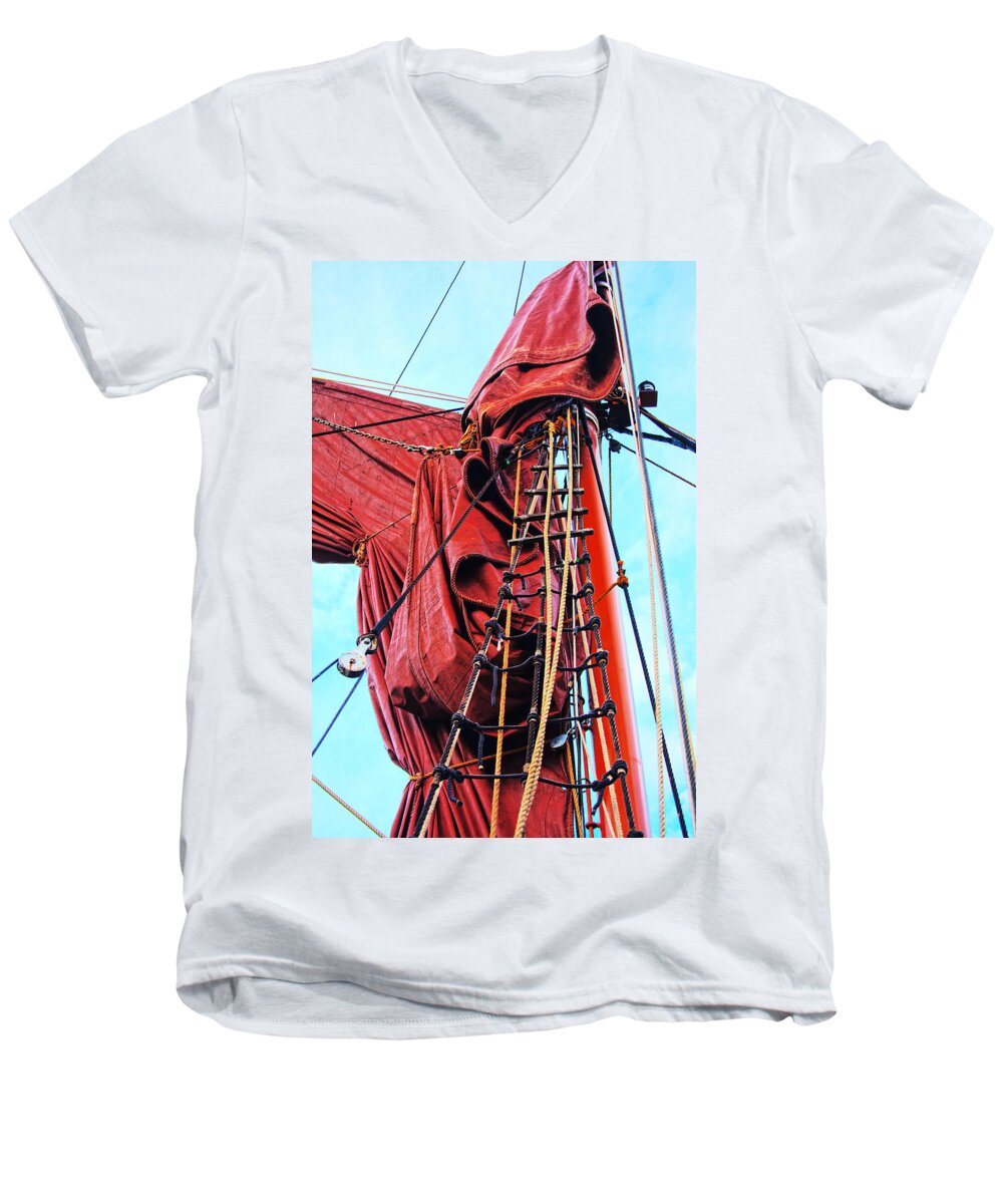 Sailing Barge Rigging Imagery Men's V-Neck T-Shirt featuring the photograph In The Rigging by David Davies