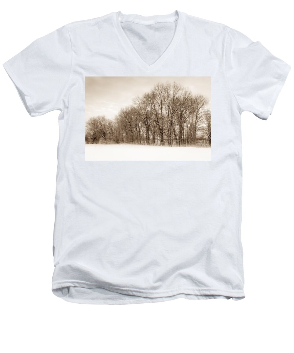 Freedom Park Men's V-Neck T-Shirt featuring the photograph Indiana Winter at Freedom Park - Horizontal by Ron Pate