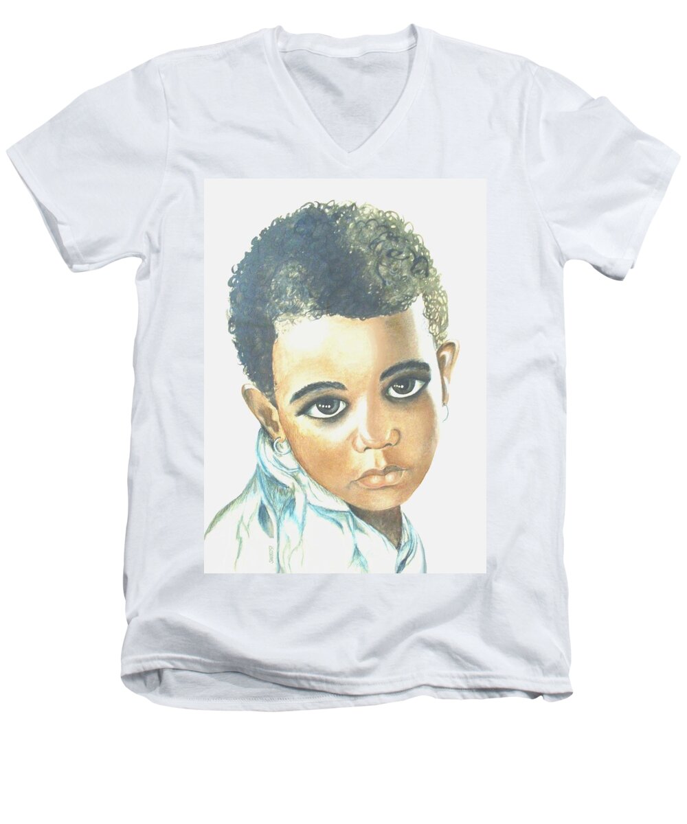 Young Girl Men's V-Neck T-Shirt featuring the painting Innocent Sorrow by SophiaArt Gallery