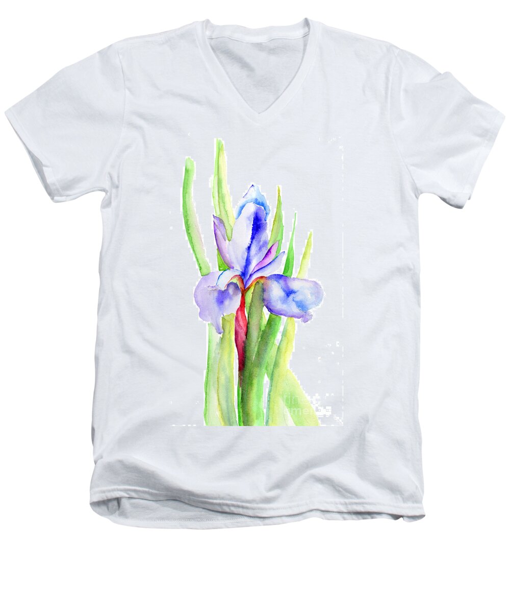 Backdrop Men's V-Neck T-Shirt featuring the painting Iris flowers by Regina Jershova
