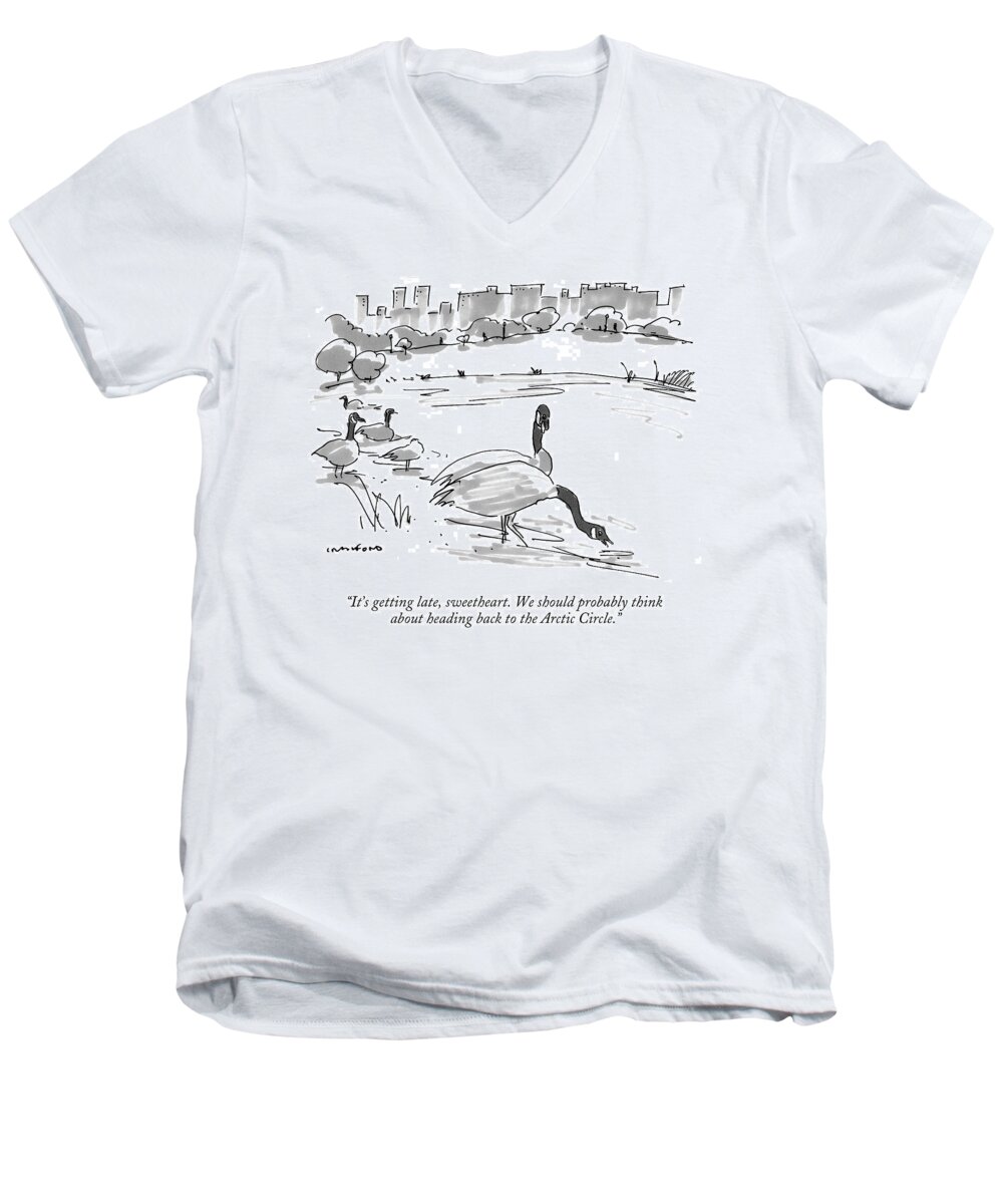 Animals Men's V-Neck T-Shirt featuring the drawing It's Getting Late by Michael Crawford