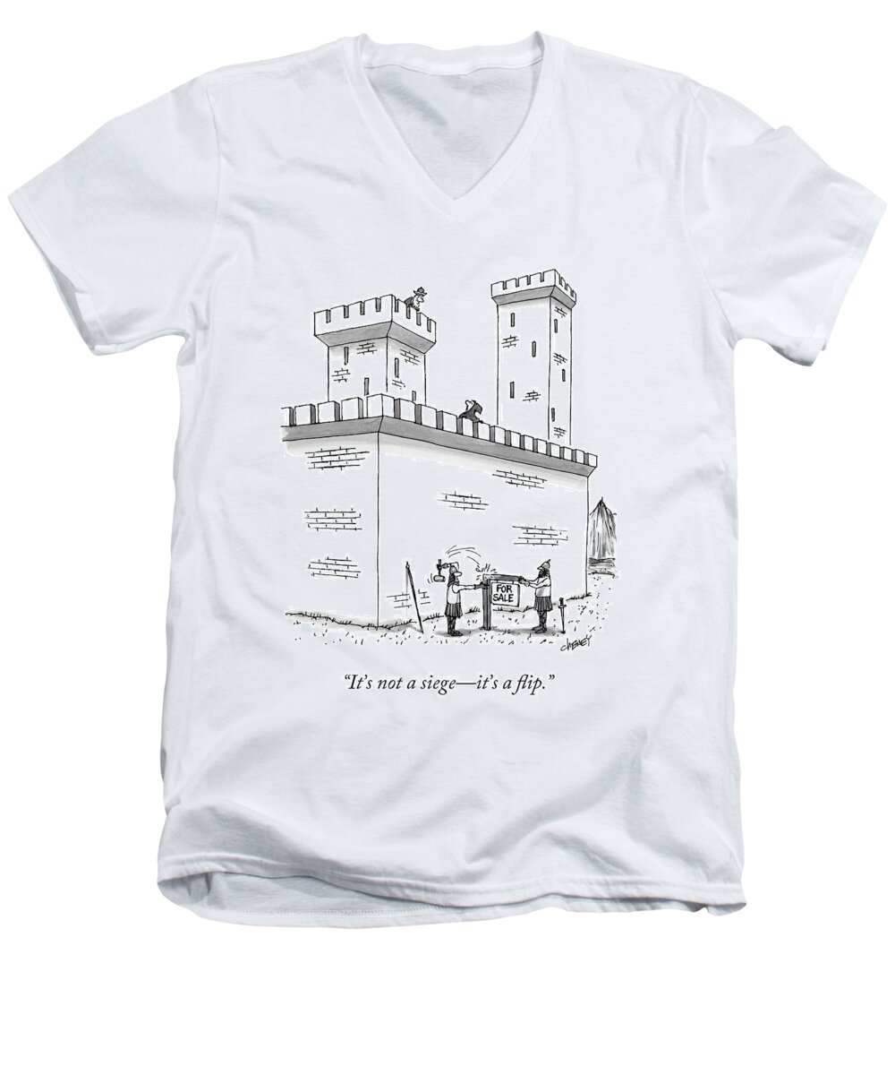 King Men's V-Neck T-Shirt featuring the drawing It's Not A Siege - It's A Flip by Tom Cheney