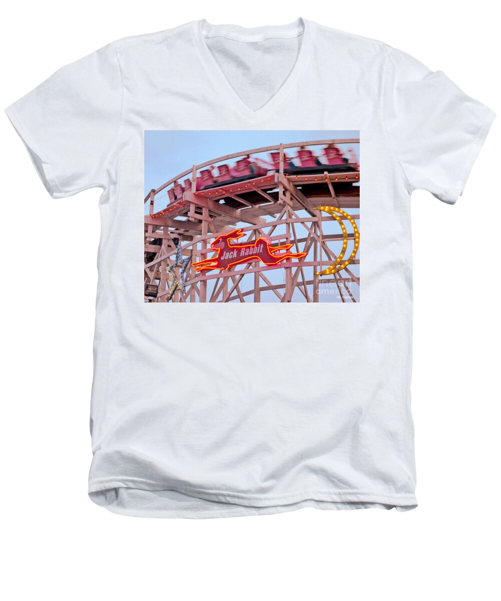 Neon Sign Men's V-Neck T-Shirt featuring the digital art Jack Rabbit Coaster Kennywood Park by Jim Zahniser