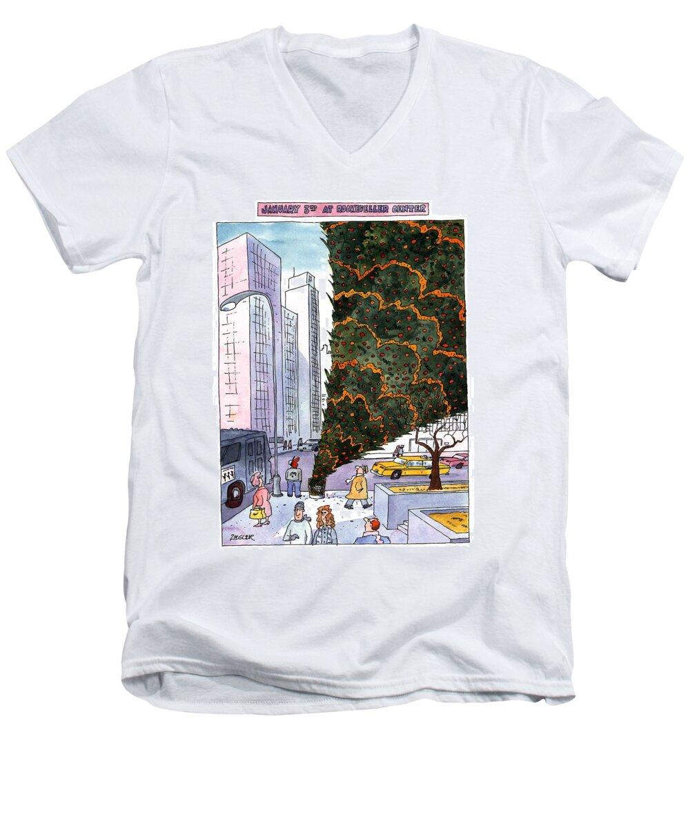 January 3rd At Rockefeller Center
Title: January 3rd At Rockefeller Center. Full-page Color Cartoon Showing The Giant Christmas Tree At Rockefeller Center Turned Upside Down In A Trash Can. Holidays Men's V-Neck T-Shirt featuring the drawing January 3rd At Rockefeller Center by Jack Ziegler