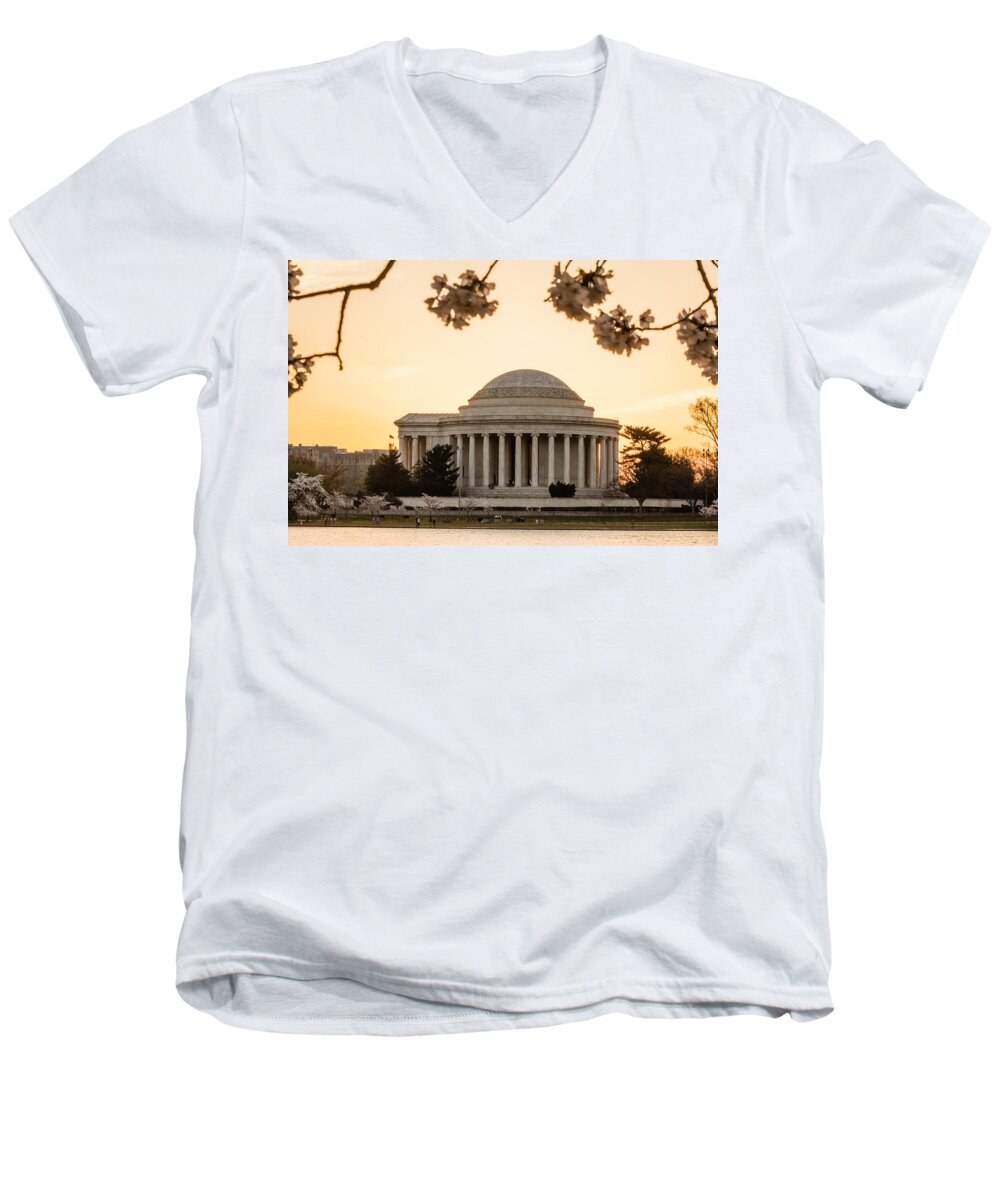 Cherry Blossom Men's V-Neck T-Shirt featuring the photograph Jefferson Memorial at Sunrise by SAURAVphoto Online Store