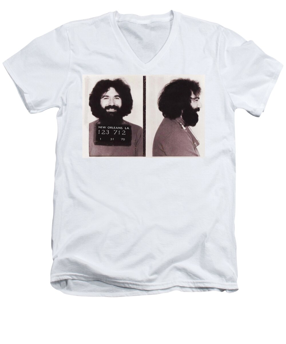 Jerry Men's V-Neck T-Shirt featuring the photograph Jerry Garcia Mugshot by Digital Reproductions