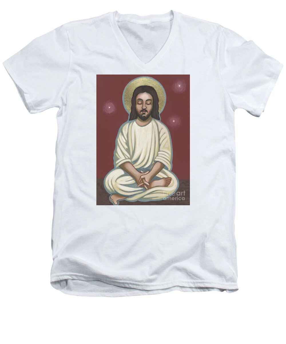 A Meditating Jesus? Father Bill Depicts Jesus In The Lotus Position Men's V-Neck T-Shirt featuring the painting Jesus Listen and Pray 251 by William Hart McNichols