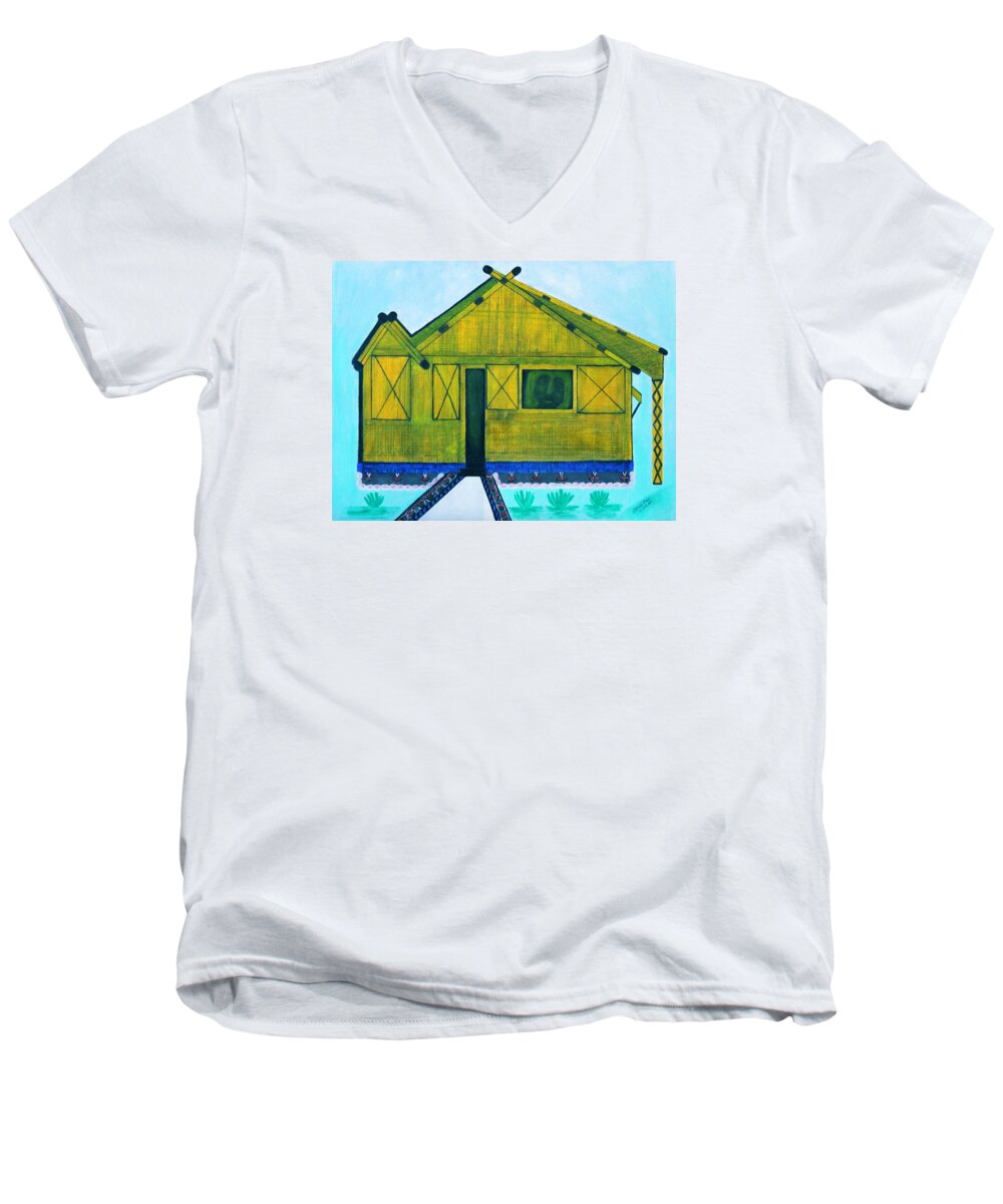 All Apparels Men's V-Neck T-Shirt featuring the painting Kiddie House by Lorna Maza