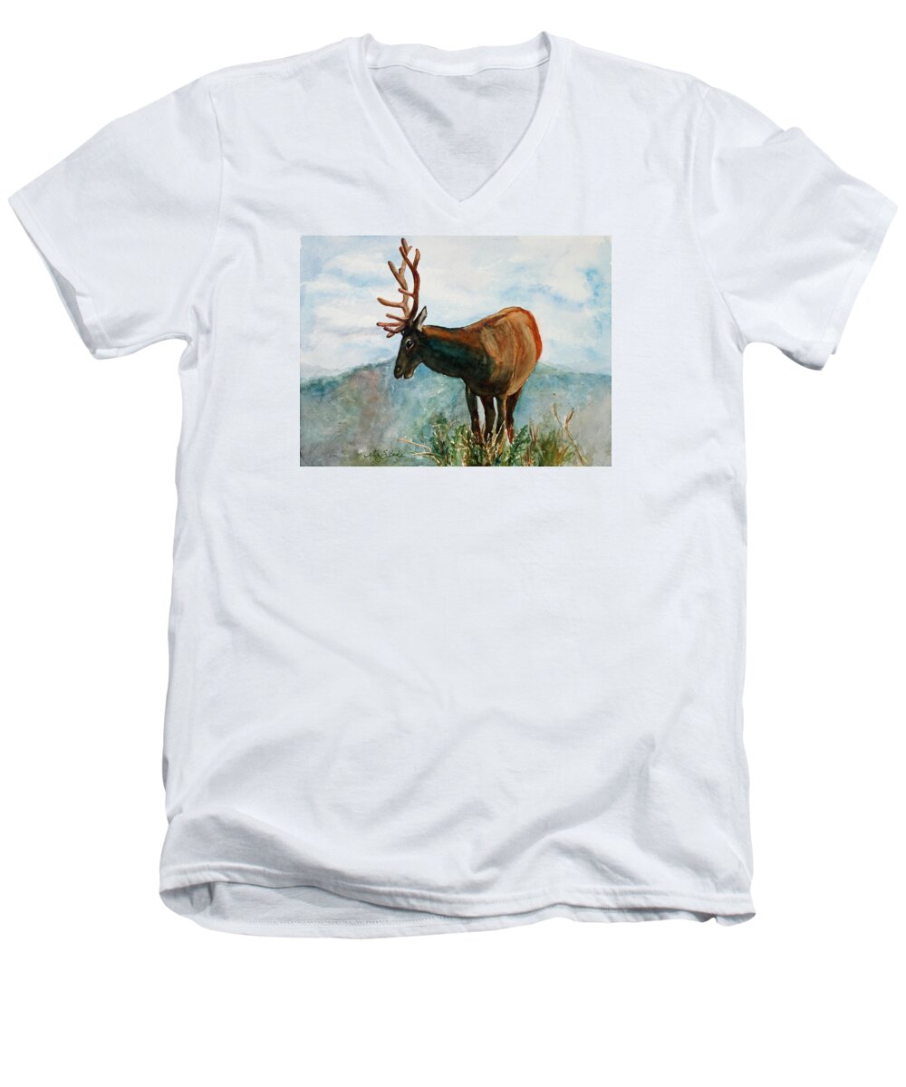 Elk Men's V-Neck T-Shirt featuring the painting King of the Hill by Mary Benke