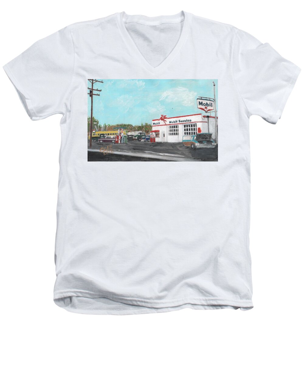 Gas Stations Men's V-Neck T-Shirt featuring the painting Koki's Garage by Cliff Wilson