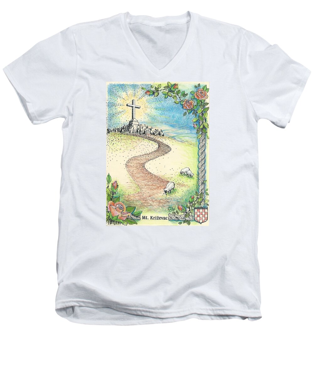 Sarcevic Men's V-Neck T-Shirt featuring the drawing Krizevac - Cross Mountain by Christina Verdgeline