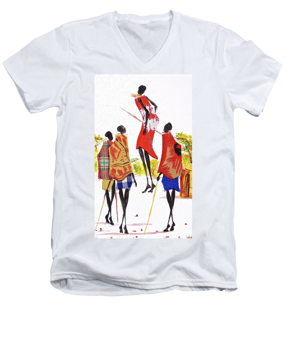 African Paintings Men's V-Neck T-Shirt featuring the painting L 104 by Albert Lizah