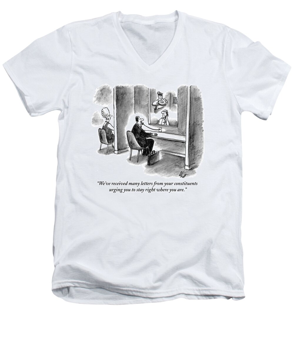 Jail Men's V-Neck T-Shirt featuring the drawing Lawyer Speaking To Inmate by Frank Cotham