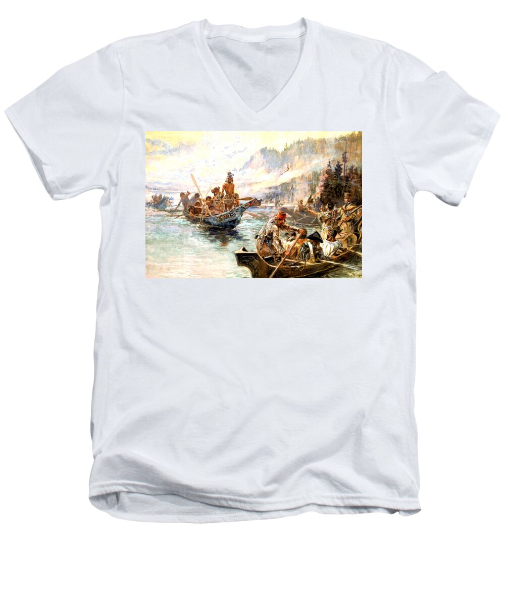Lewis And Clark On The Lower Columbia Men's V-Neck T-Shirt featuring the digital art Lewis and Clark on the Lower Columbia by Charles Russell