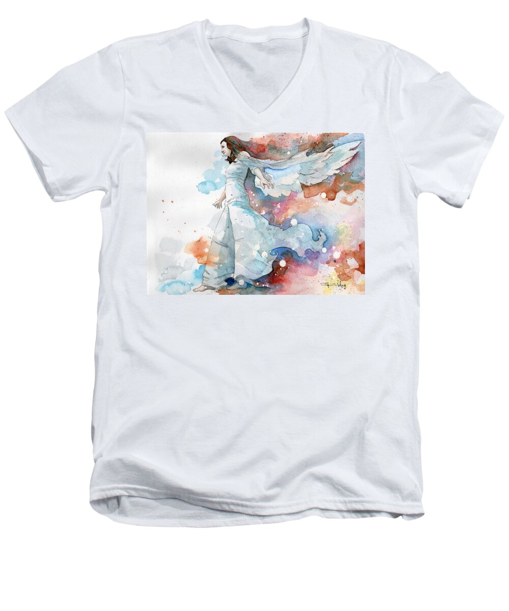 Angel Men's V-Neck T-Shirt featuring the painting Life the Universe and Everything by Sean Parnell