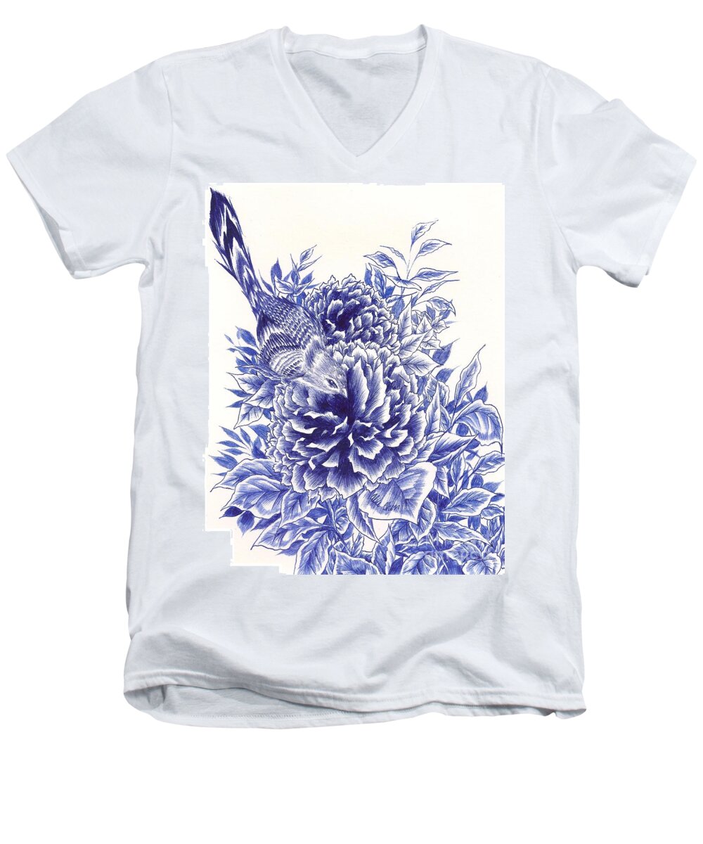 Bird Men's V-Neck T-Shirt featuring the drawing Little Curiosity by Alice Chen