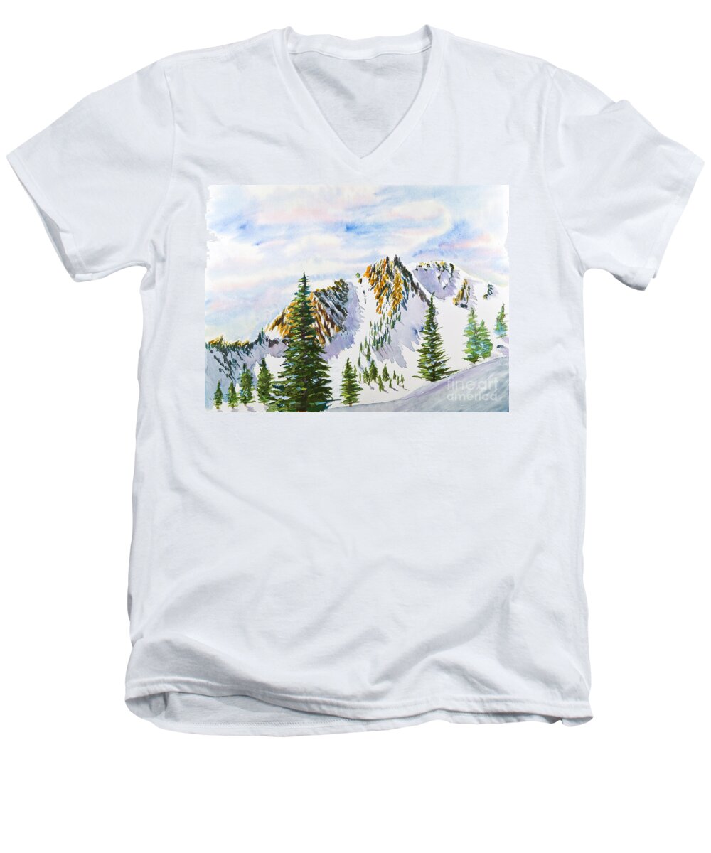 Mountains Men's V-Neck T-Shirt featuring the painting Lone Tree in the Morning by Walt Brodis