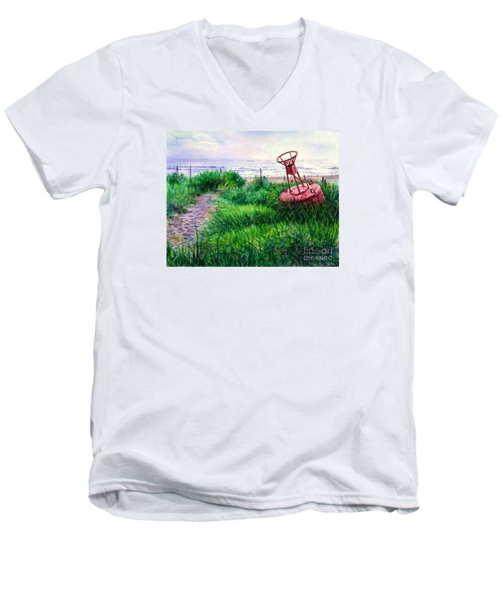 Cynthia Pride Watercolor Paintings Men's V-Neck T-Shirt featuring the painting Long Beached Buoy by Cynthia Pride