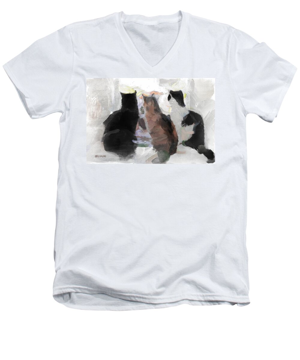 Cats Men's V-Neck T-Shirt featuring the painting Longing by Greg Collins