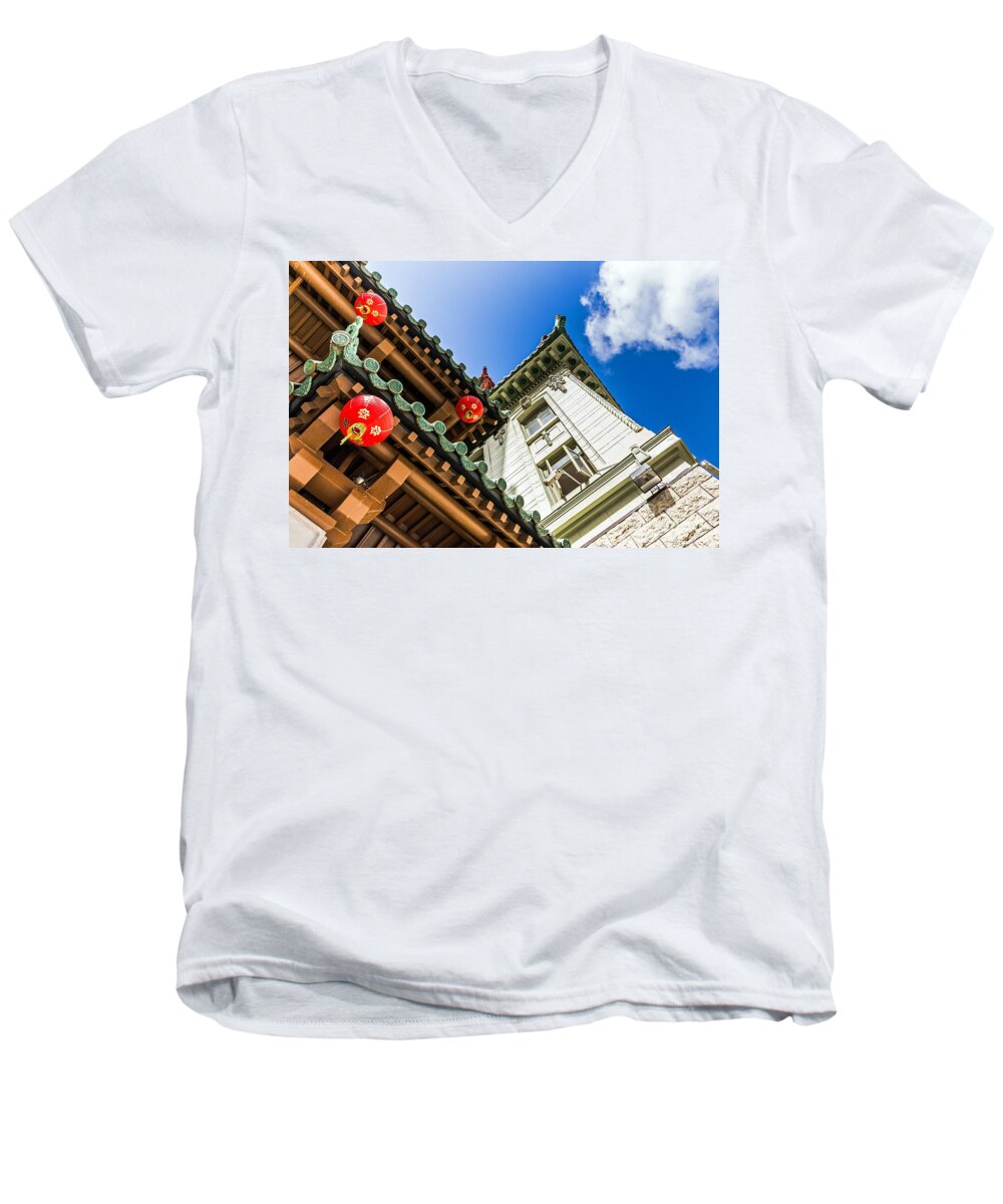 Chinatown Men's V-Neck T-Shirt featuring the photograph Looking Up by Kate Brown