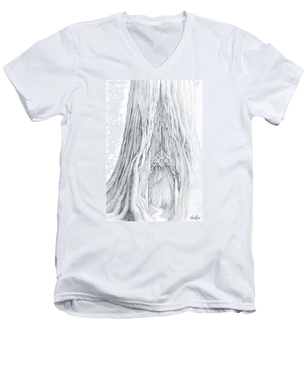 Lothlorien Men's V-Neck T-Shirt featuring the drawing Lothlorien Mallorn Tree by Curtiss Shaffer