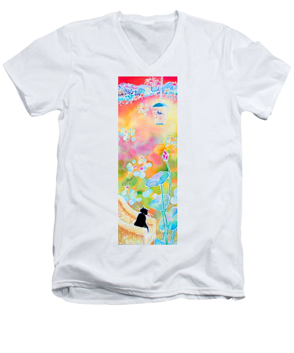 Cat Men's V-Neck T-Shirt featuring the painting Lotus pond by Hisayo OHTA