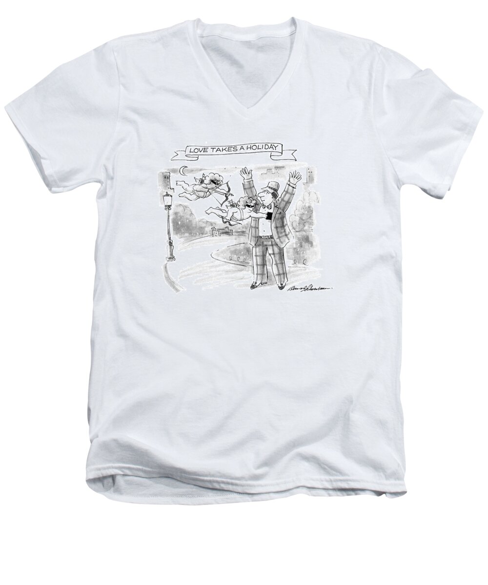 Crime Men's V-Neck T-Shirt featuring the drawing Love Takes A Holiday by Bernard Schoenbaum