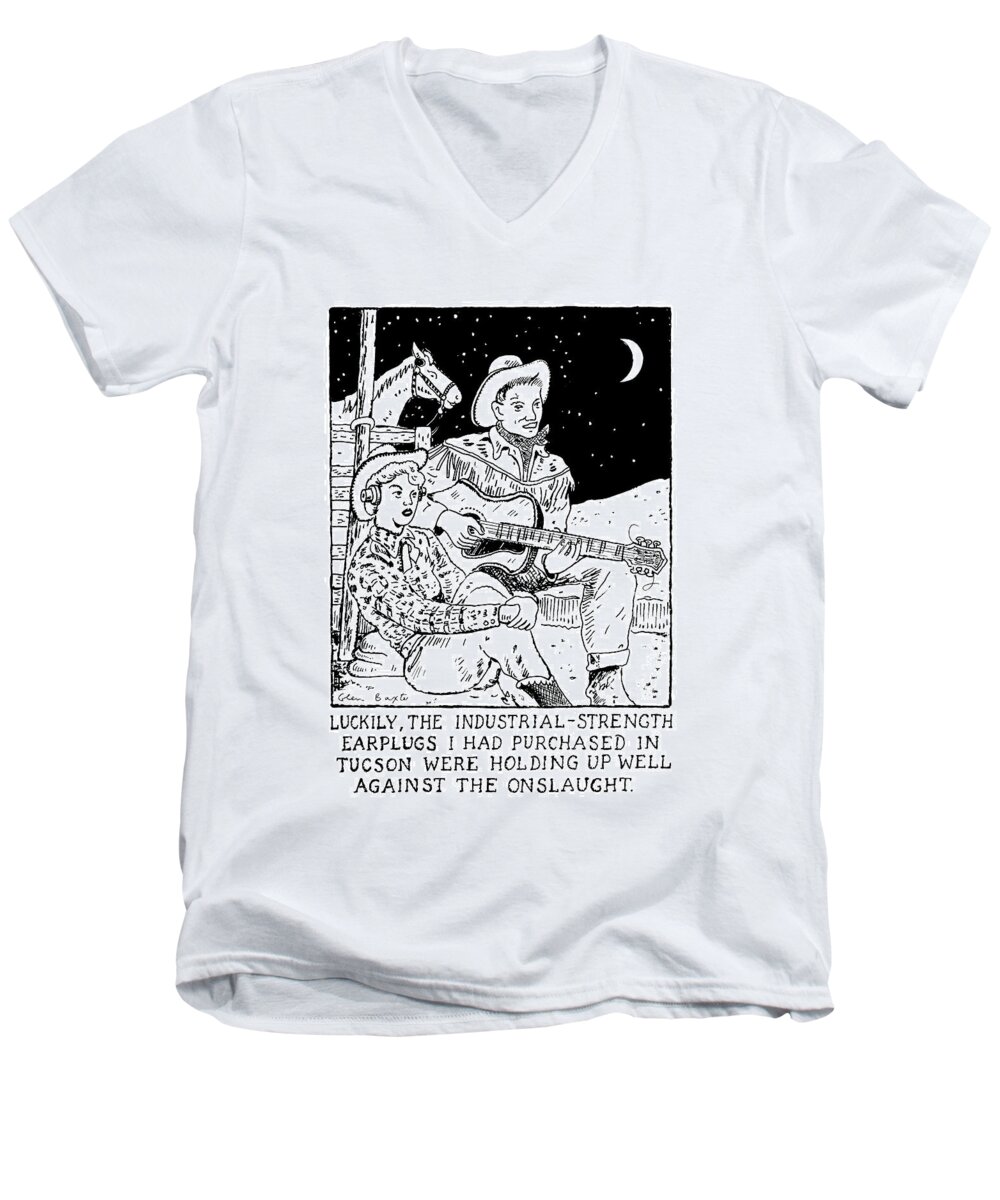 Entertainment Men's V-Neck T-Shirt featuring the drawing Luckily, The Industrial-strength Earplugs by Glen Baxter