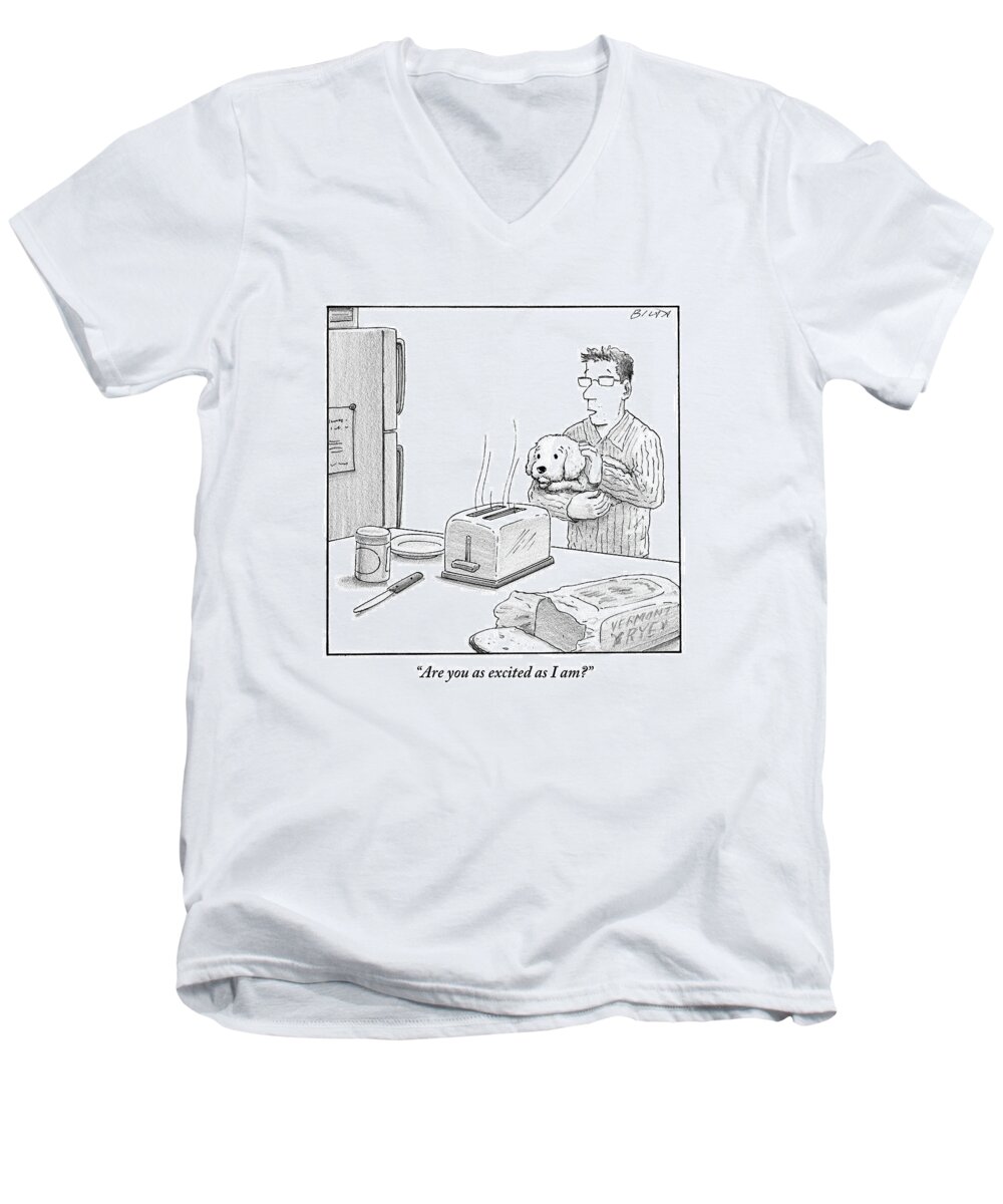 
Toast Men's V-Neck T-Shirt featuring the drawing Man, Holding Dog, Speaks To Dog As Both Watch by Harry Bliss