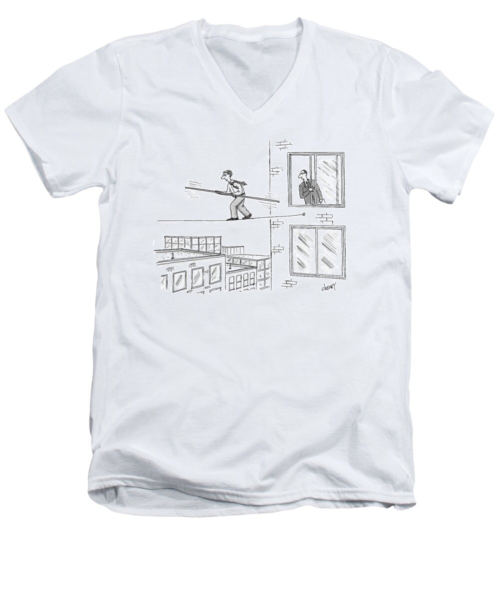 Tightrope Men's V-Neck T-Shirt featuring the drawing Man On A Tightrope Outside An Office Building by Tom Cheney