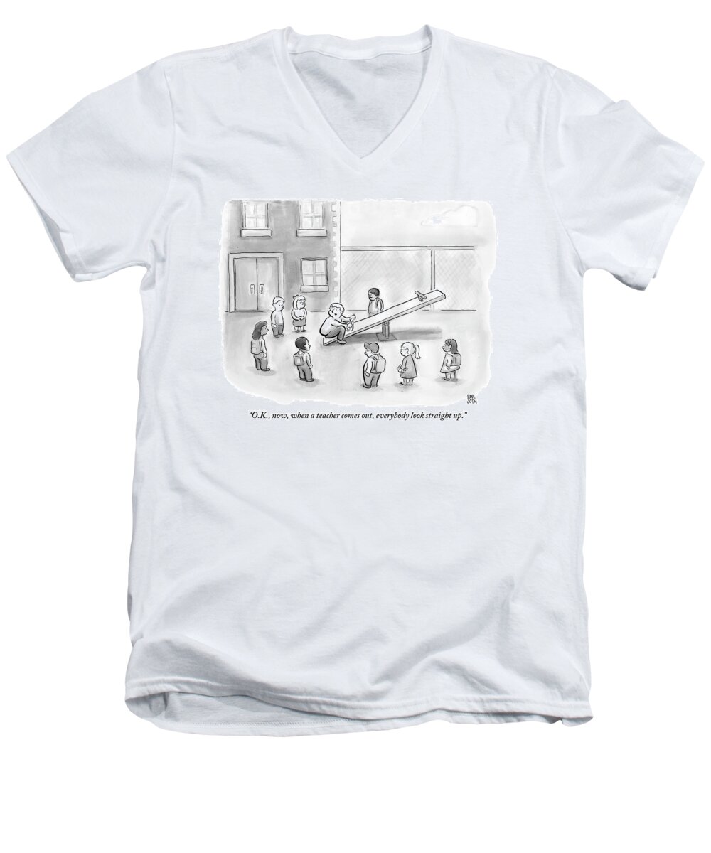 See-saw Men's V-Neck T-Shirt featuring the drawing Man Sits On See-saw And Speaks To Cluster by Paul Noth