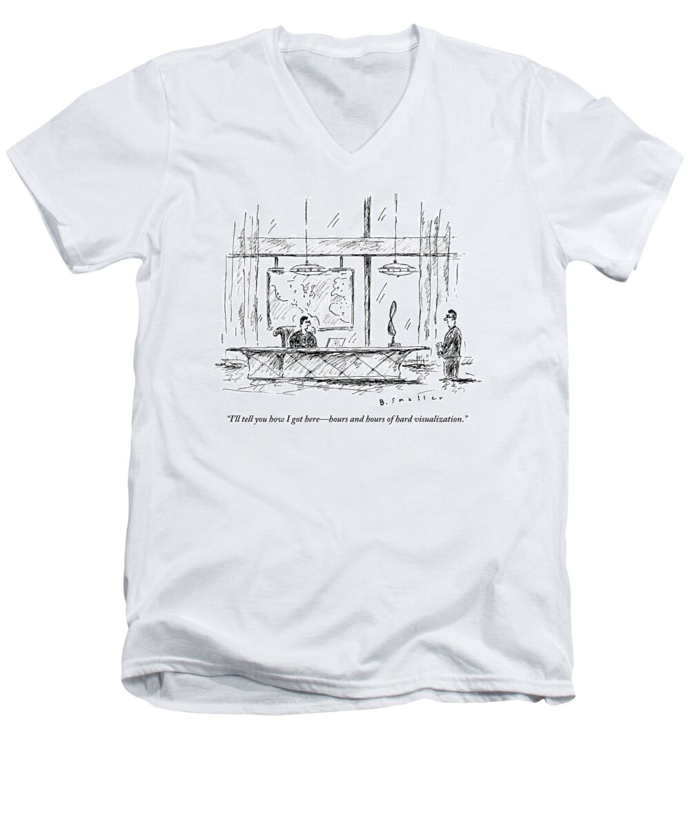 Executives Men's V-Neck T-Shirt featuring the drawing Man Sitting Behind Gigantic Desk Speaks by Barbara Smaller