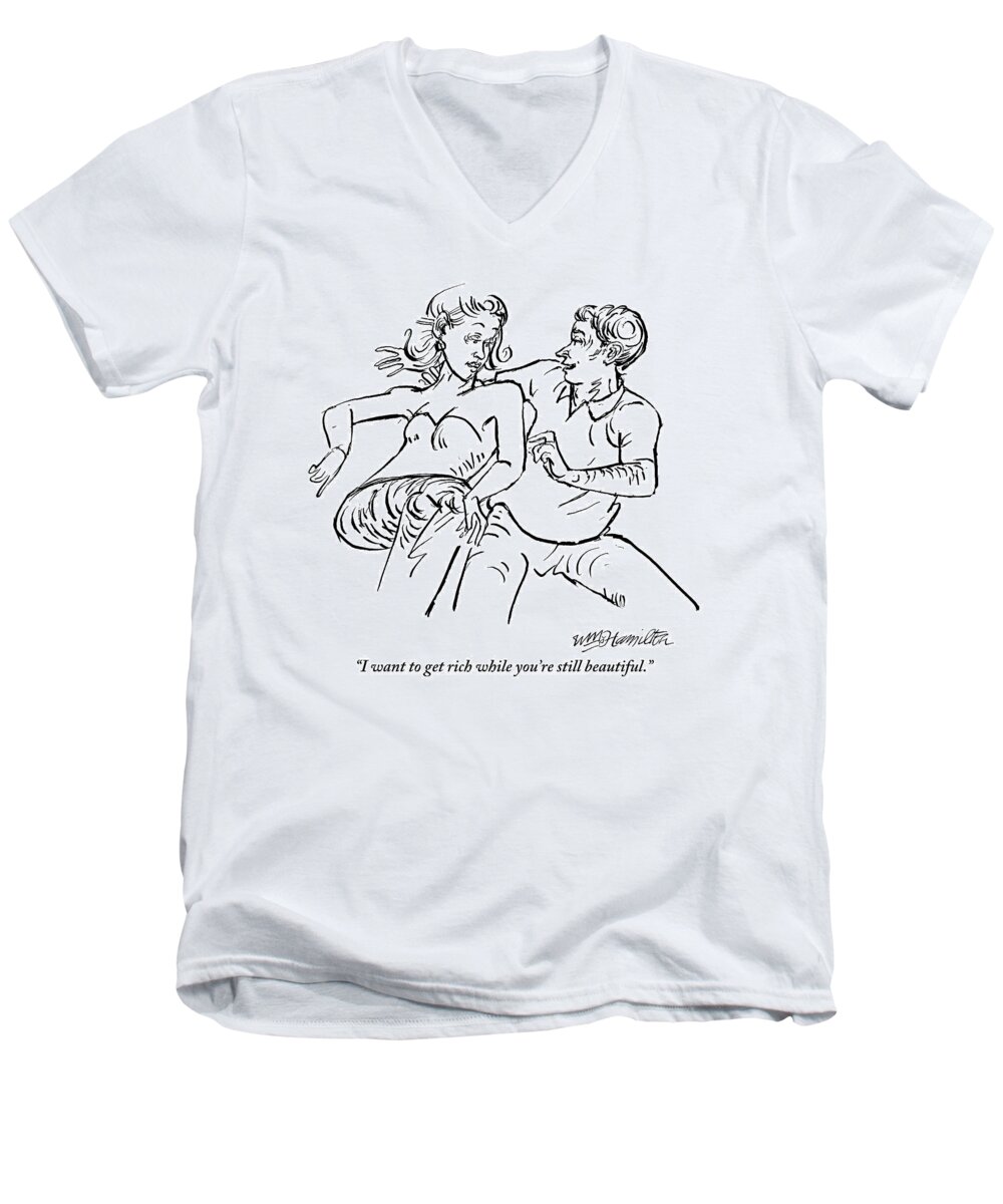 Love Men's V-Neck T-Shirt featuring the drawing Man Speaks To Curvaceous Beauty As He Sits by William Hamilton