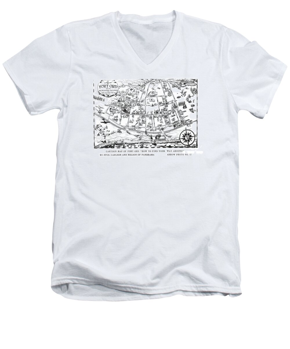 Map Men's V-Neck T-Shirt featuring the photograph Map of Fort Ord Army Base Monterey California circa 1950 by Monterey County Historical Society