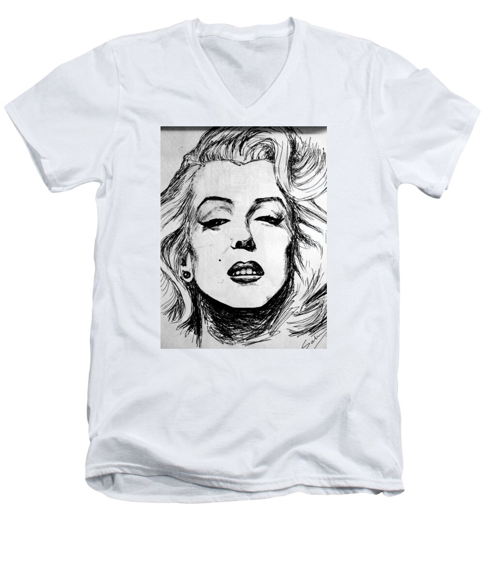 Wallpaper Buy Art Print Phone Case T-shirt Beautiful Duvet Case Pillow Tote Bags Shower Curtain Greeting Cards Mobile Phone Apple Android Marilyn Monroe Hollywood Ink Canvas Framed Art Acrylic Greeting Print Some Like It Hot Golden Age Salman Ravish Khan Men's V-Neck T-Shirt featuring the painting Marilyn Monroe by Salman Ravish