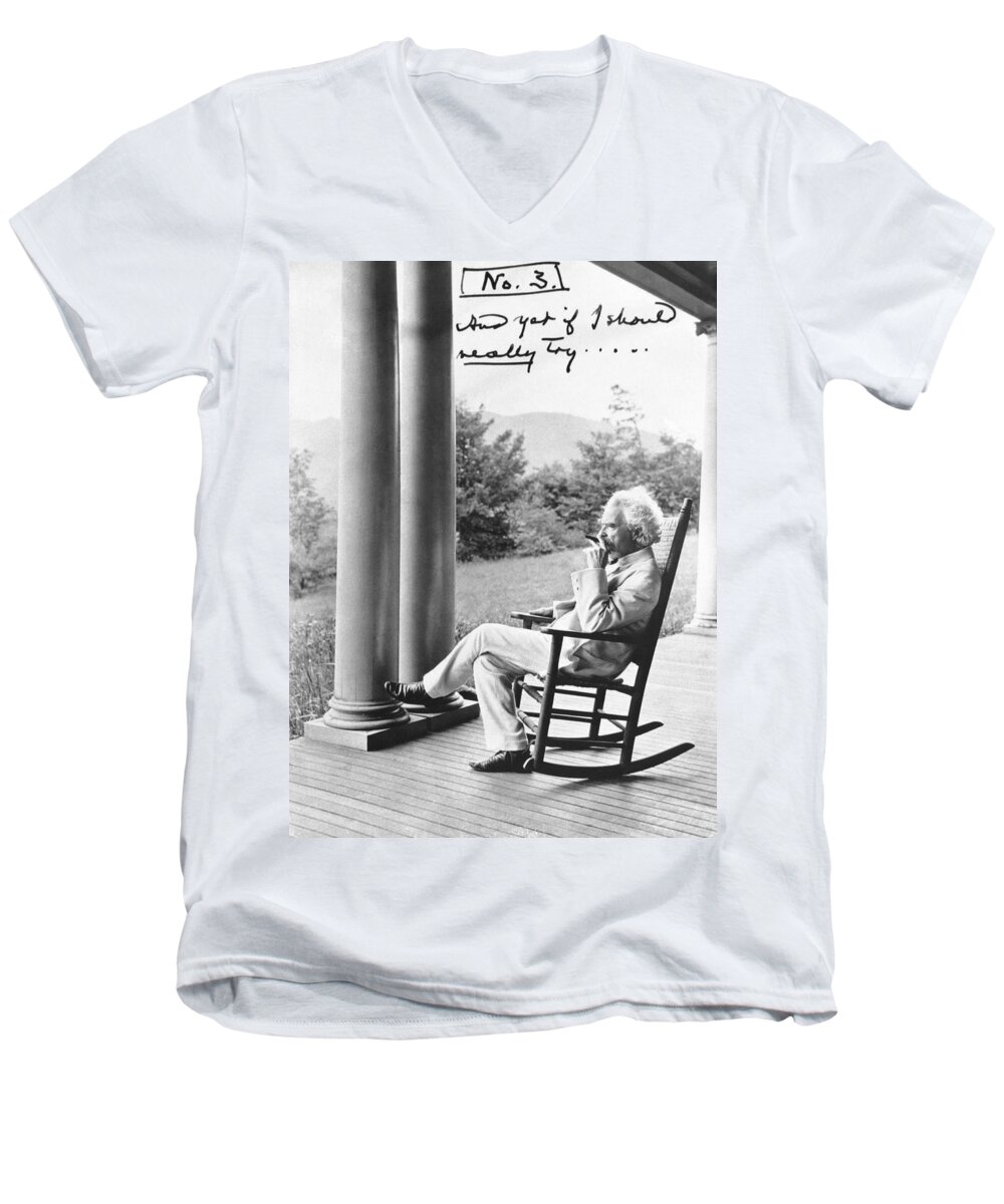 1900's Men's V-Neck T-Shirt featuring the photograph Mark Twain On A Porch by Underwood Archives