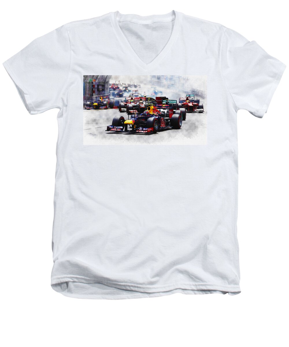 Formula One Racing Men's V-Neck T-Shirt featuring the digital art Mark Webber by Don Kuing