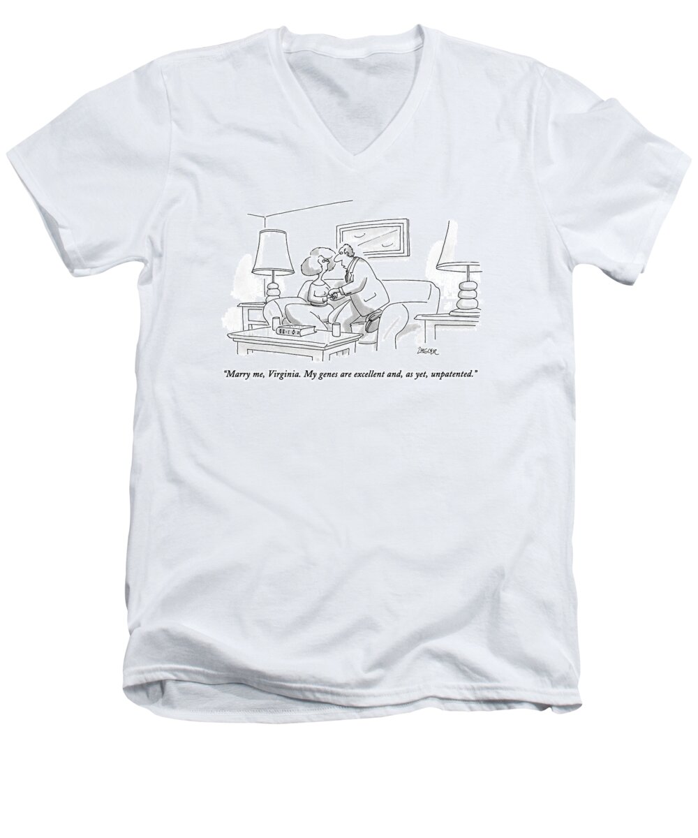 Relatioships Men's V-Neck T-Shirt featuring the drawing Marry Me, Virginia. My Genes Are Excellent And by Jack Ziegler
