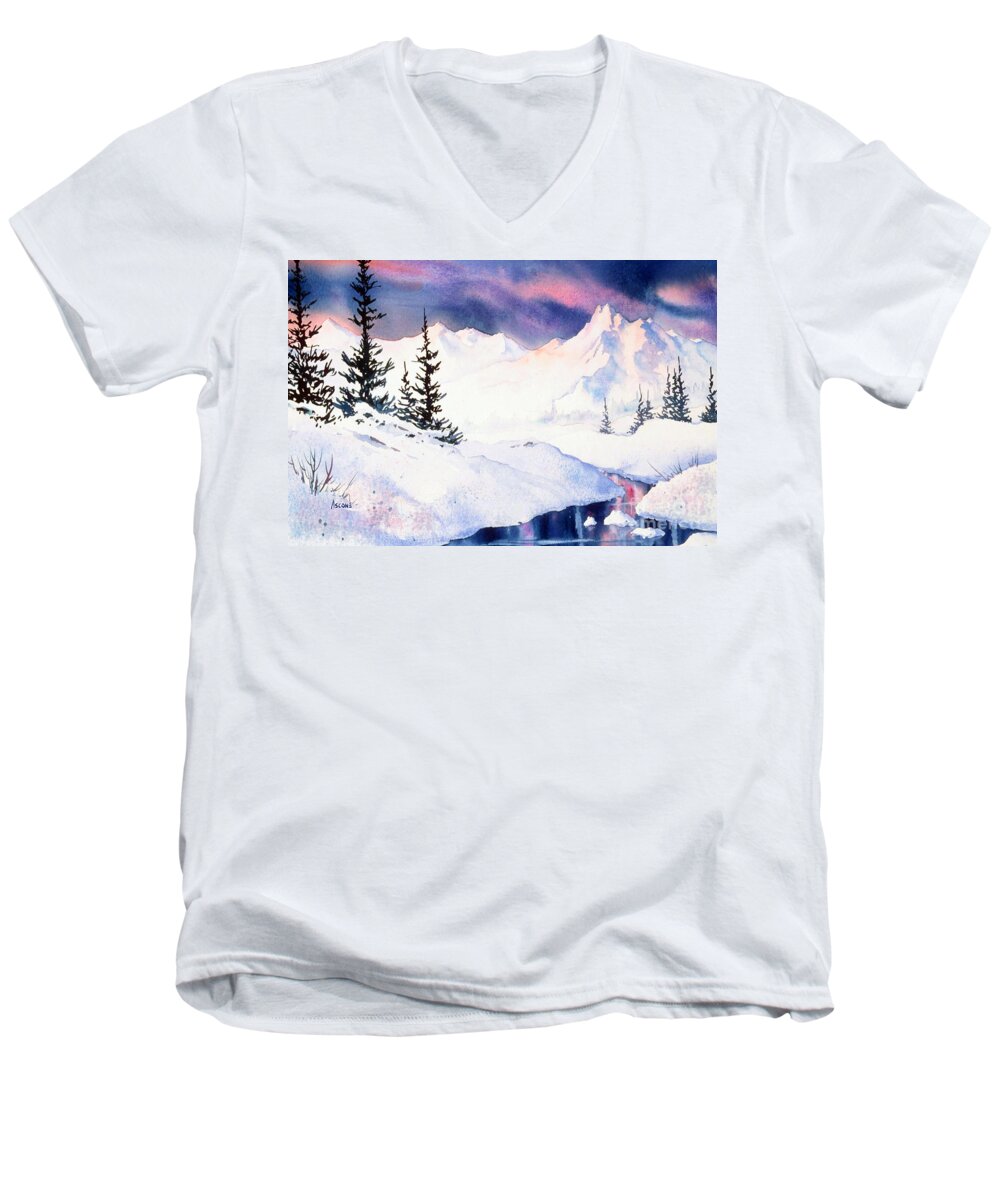 Matanuska Sunset Impression Men's V-Neck T-Shirt featuring the painting Matanuska Sunset Impression by Teresa Ascone