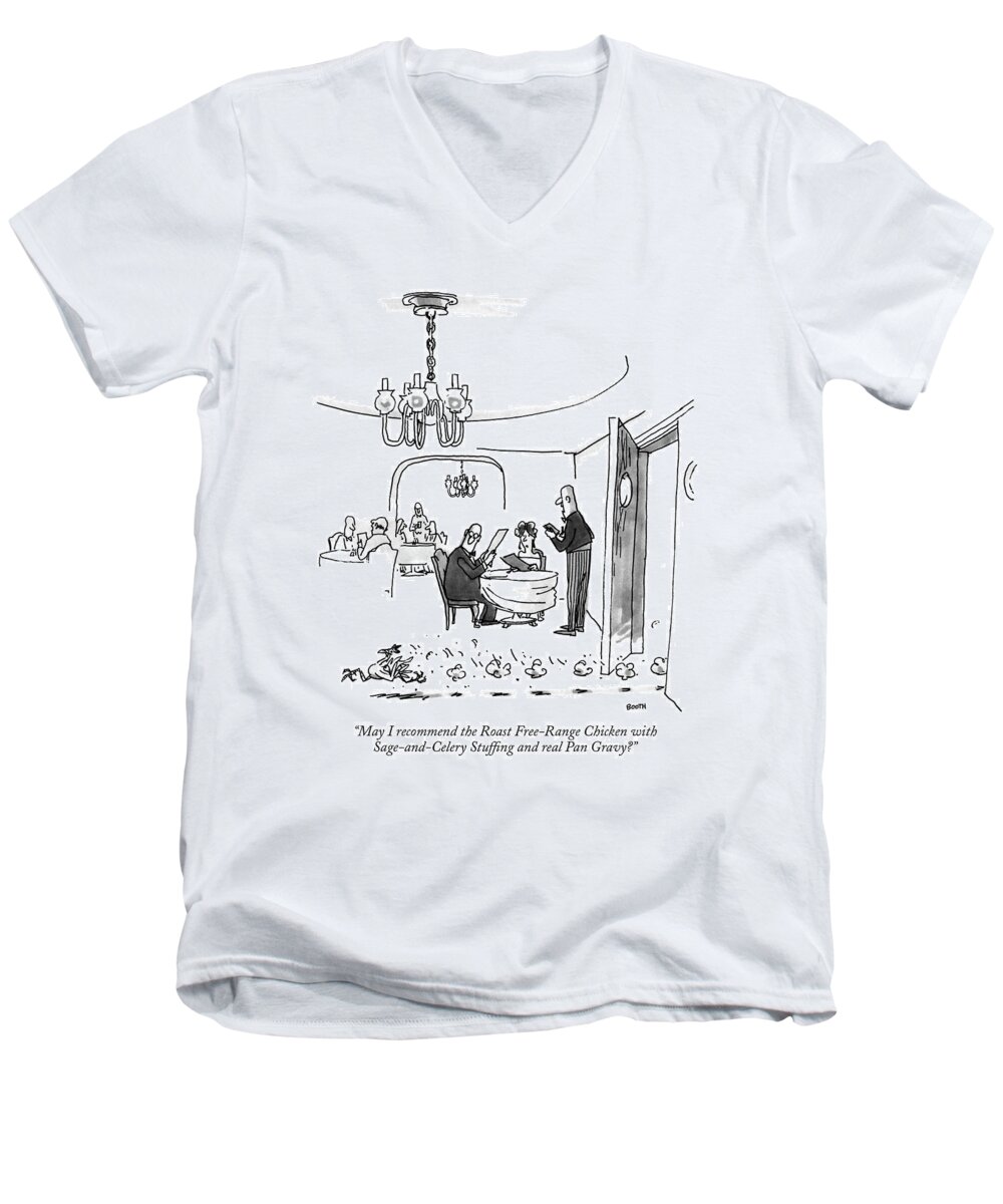 

 Waiter To Couple As Chicken Runs Out Of Kitchen. Food Men's V-Neck T-Shirt featuring the drawing May I Recommend The Roast Free-range Chicken by George Booth