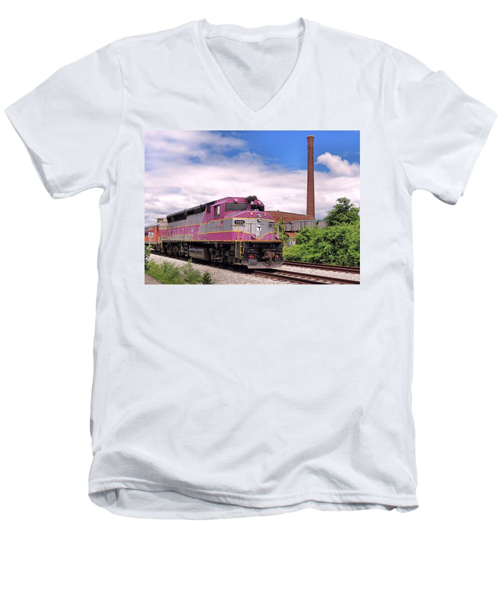 Mbta Men's V-Neck T-Shirt featuring the photograph MBTA Train by Janice Drew
