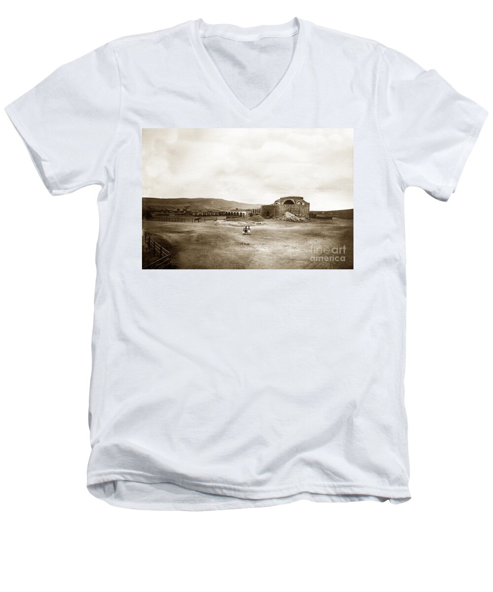 Mission Men's V-Neck T-Shirt featuring the photograph Mission San Juan Capistrano California Circa 1882 by C. E. Watkins by Monterey County Historical Society