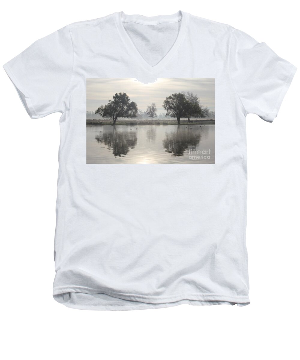 Reflection Calm Waters Of The Heron Pond On A Misty And Frosty Morning Reflected Trees Water Men's V-Neck T-Shirt featuring the photograph Misty morning #1 by Julia Gavin