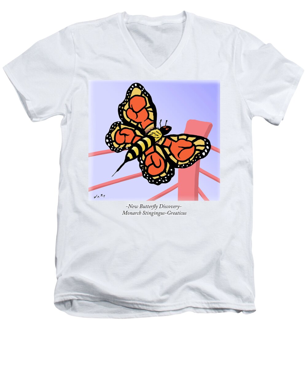 -new Butterfly Discovered- Men's V-Neck T-Shirt featuring the drawing Monarch Stingingus-greaticus by Kim Warp